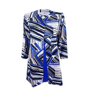 Kasper Blue & White Abstract 3/4 Length Sleeve One Button Flyaway Topper Blazer